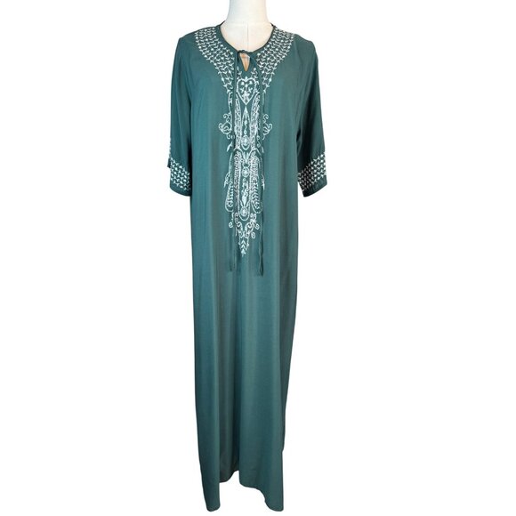 NWOT Boho Gypsy Beach Goddess Green Long Caftan Dress Cover-up V-Neckline & Tie - Picture 2 of 10